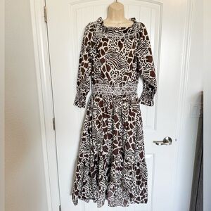 Adam Lippes Cotton brown and white abstract off shoulder Midi Dress Size 12